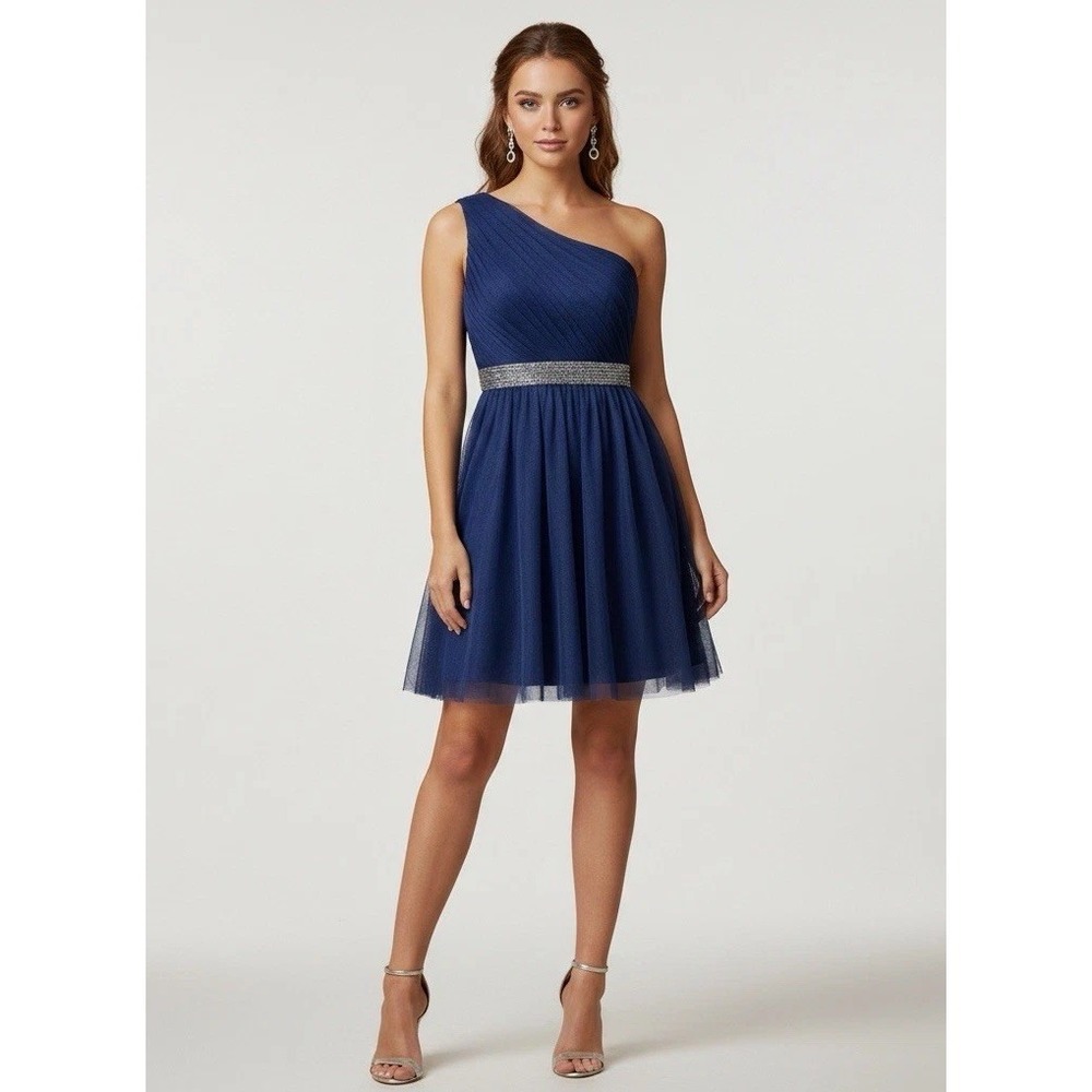 Max & Cleo Womens One-Shoulder Silver Beaded Navy Tulle Cocktail Mini Dress 2